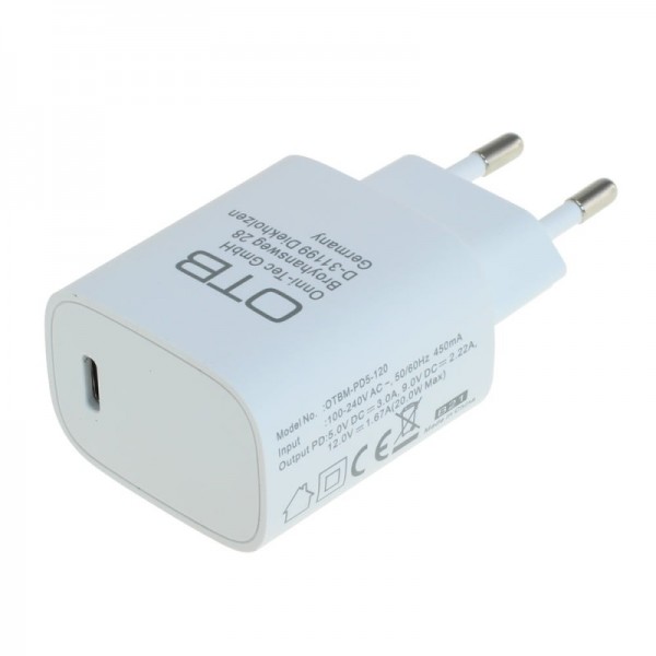 Oplader USB-C med USB Power Delivery USB-PD - 20W hvid